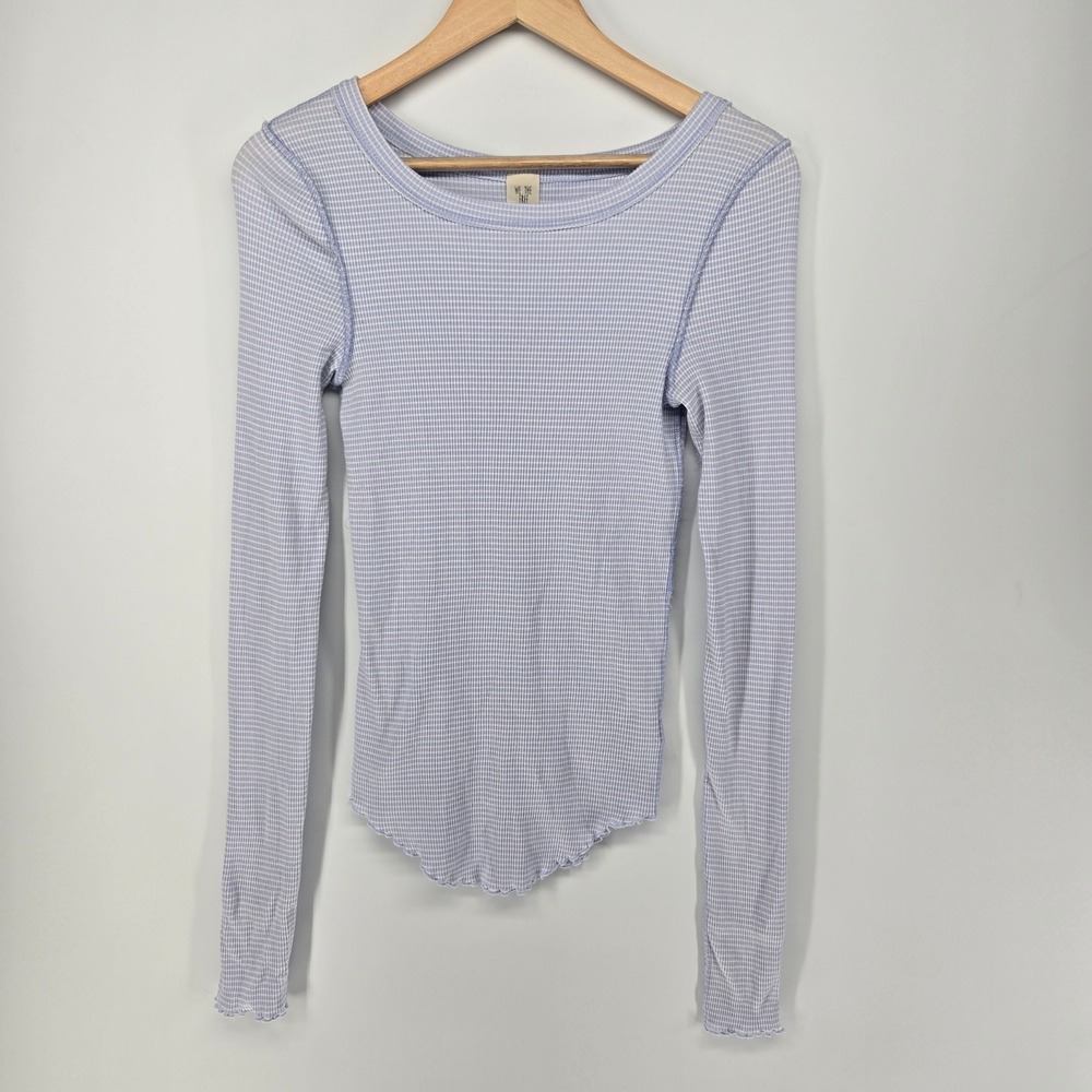 We The Free Long Sleeve Top Women L Blue Striped Waffle Knit Thermal Scoop Neck